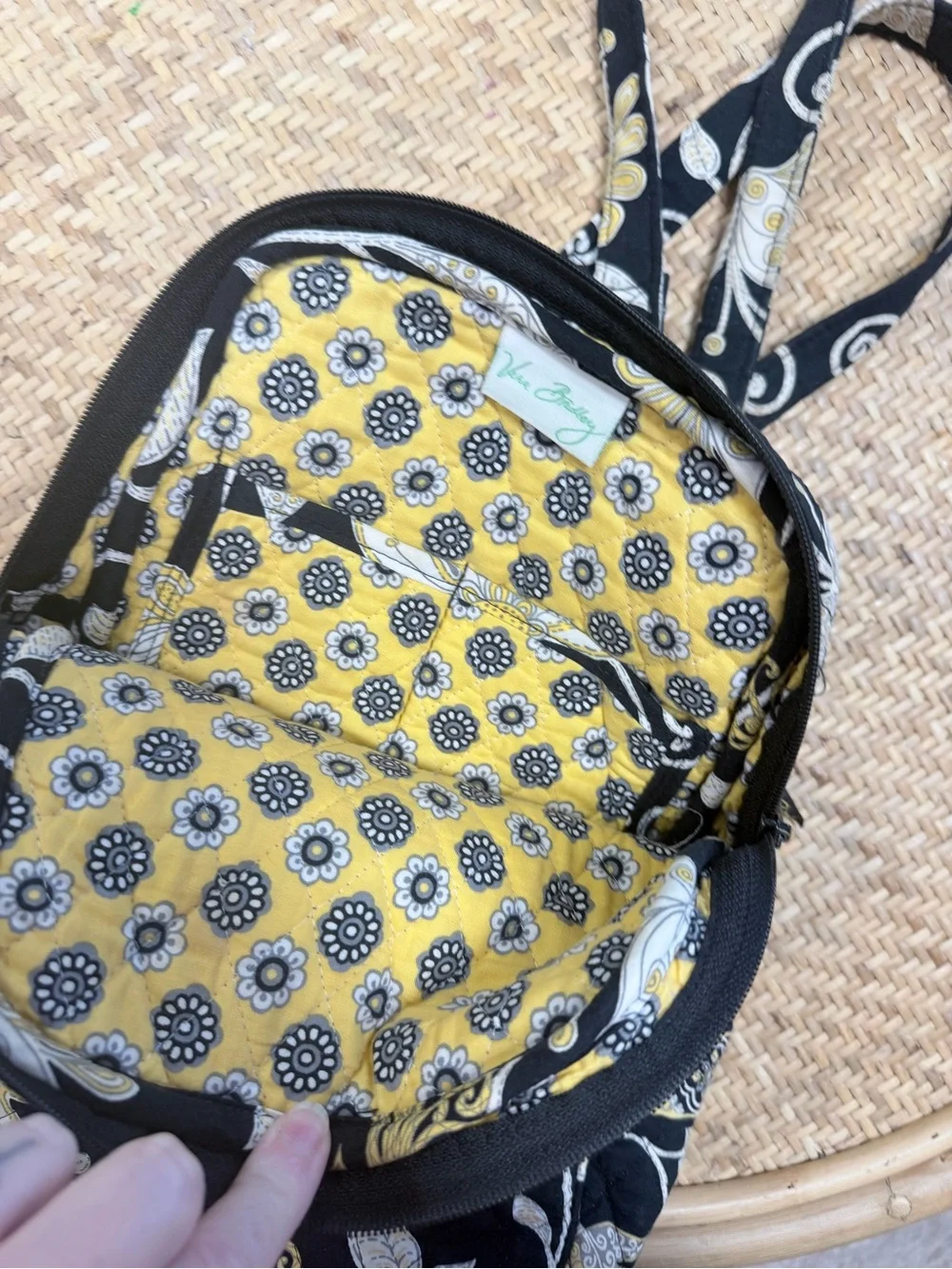 Vera Bradley Black Quilted Backpack with Cream and Gold Floral Print